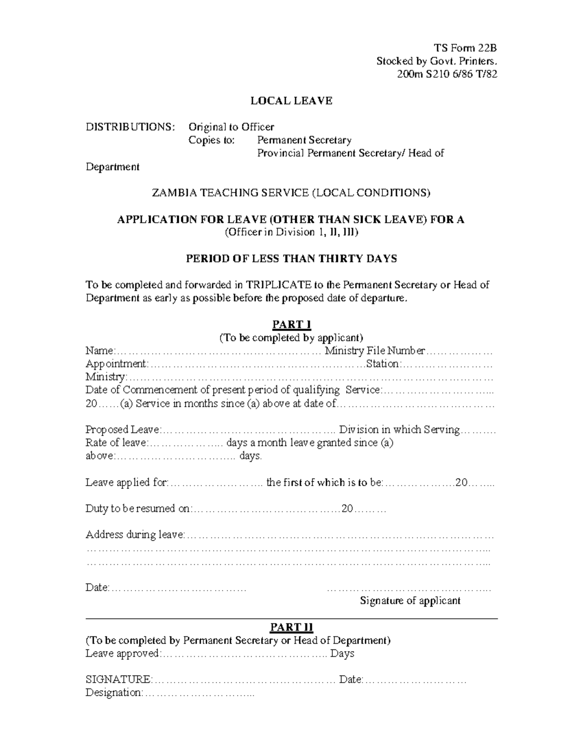 TS Form 22B: Local Leave Application for Officers in Zambia Teaching ...