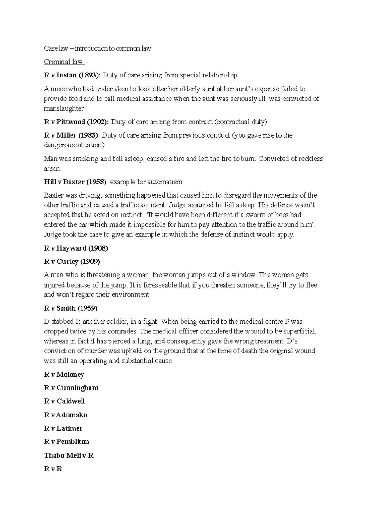 Common Law Case Law Notes - Essential Cases Review - Studeersnel