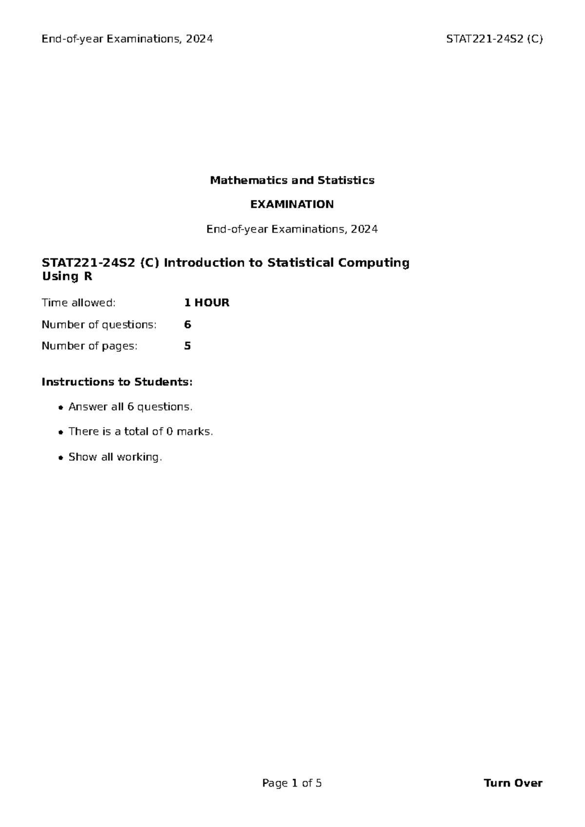 STAT221-24S2 Final Exam - 2024 Mathematics & Statistics - Studocu