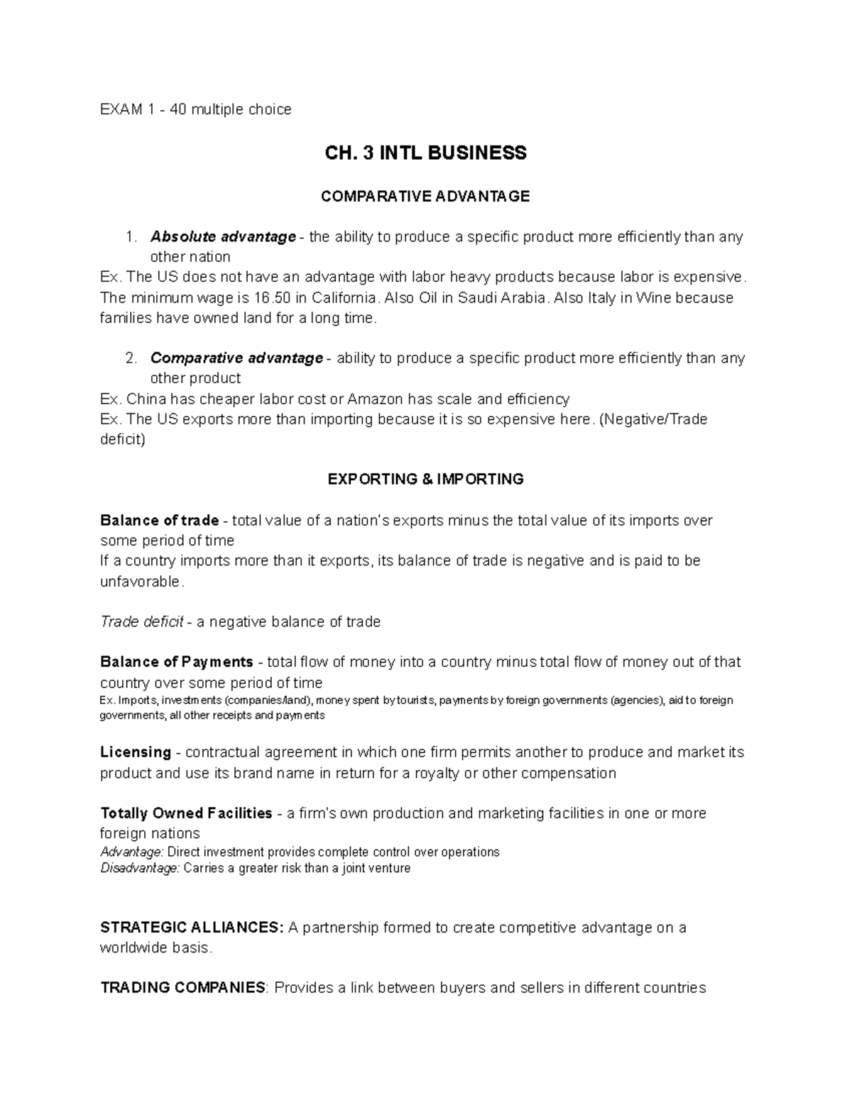 ITB 01 CH 3 - Comparative Advantage and Trade Concepts - Studocu