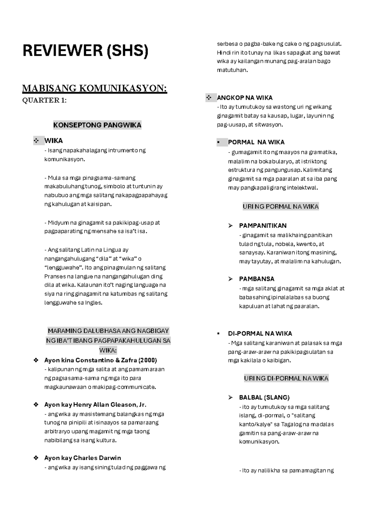 Mabisang Komunikasyon (SHS) Reviewer: Quarter 1 Concepts - Document Preview