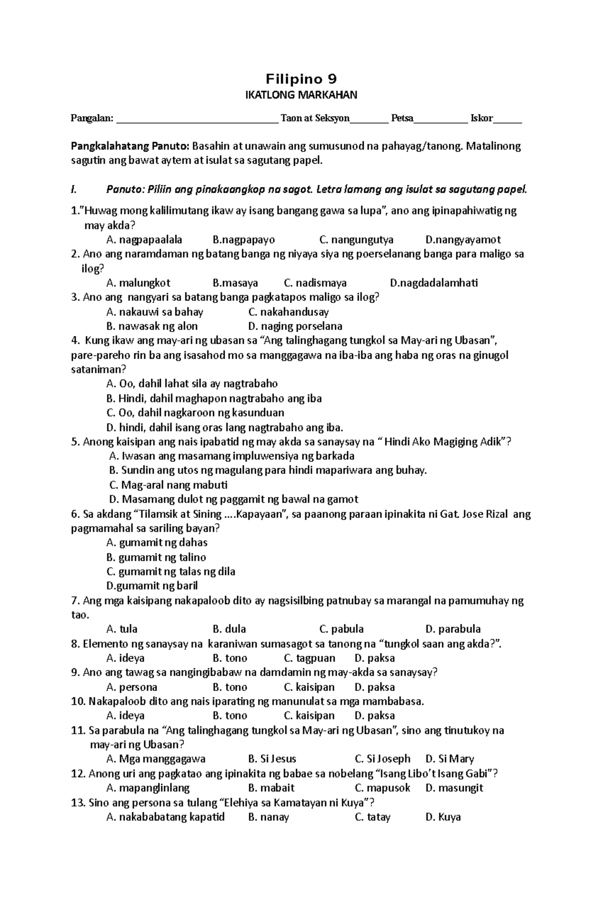 Mga Halimbawa ng Pagsusulit sa Filipino 9: Ikatlong Markahan - Studocu