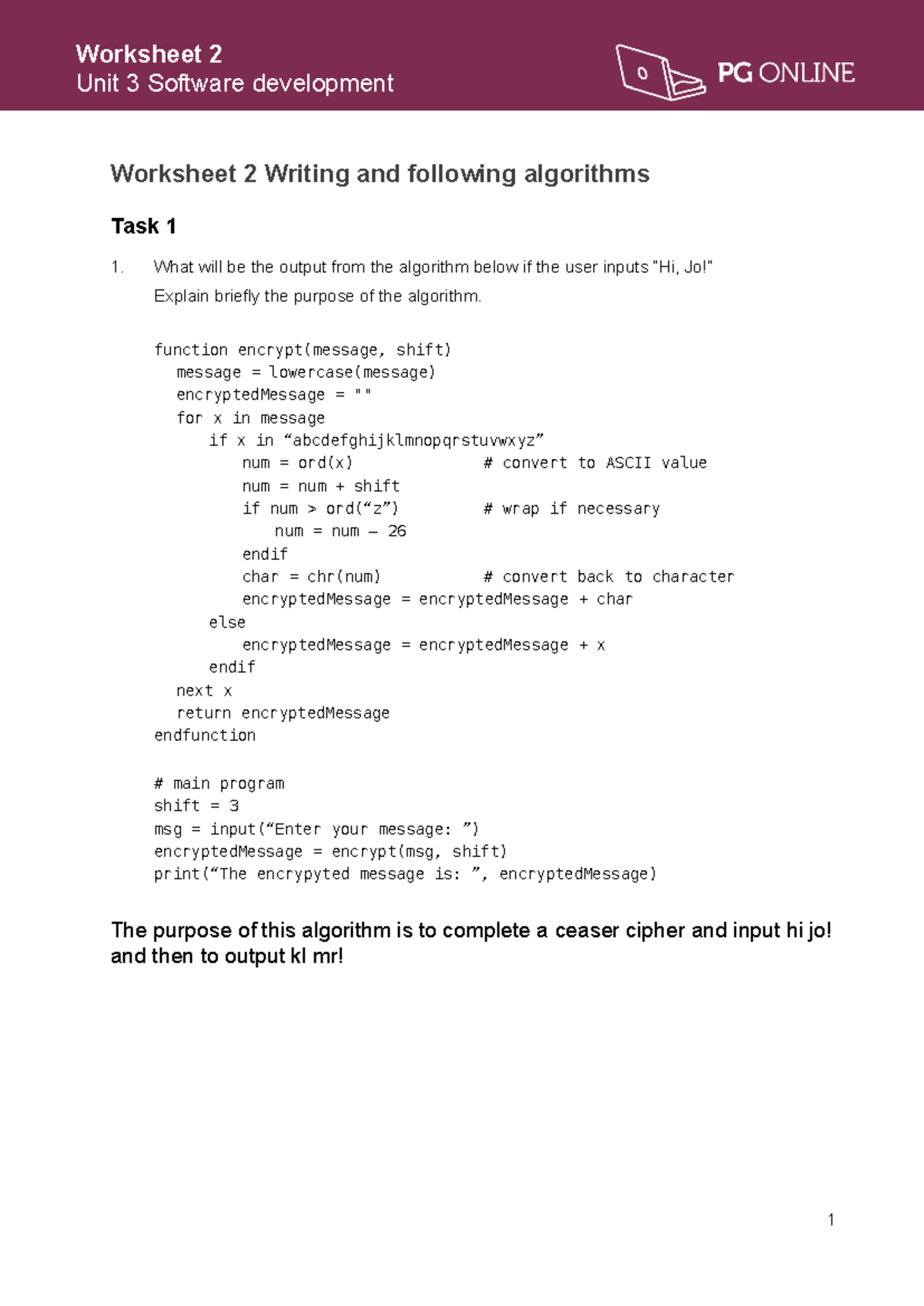 Software Development Worksheet 2: Algorithms & Pseudocode Tasks - Studocu