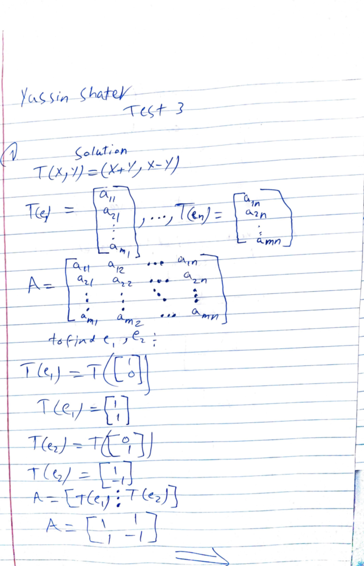 Linear algebra test 3 - Test 3 - J___ _______ :-;- t-1-L-~~UA'w ...