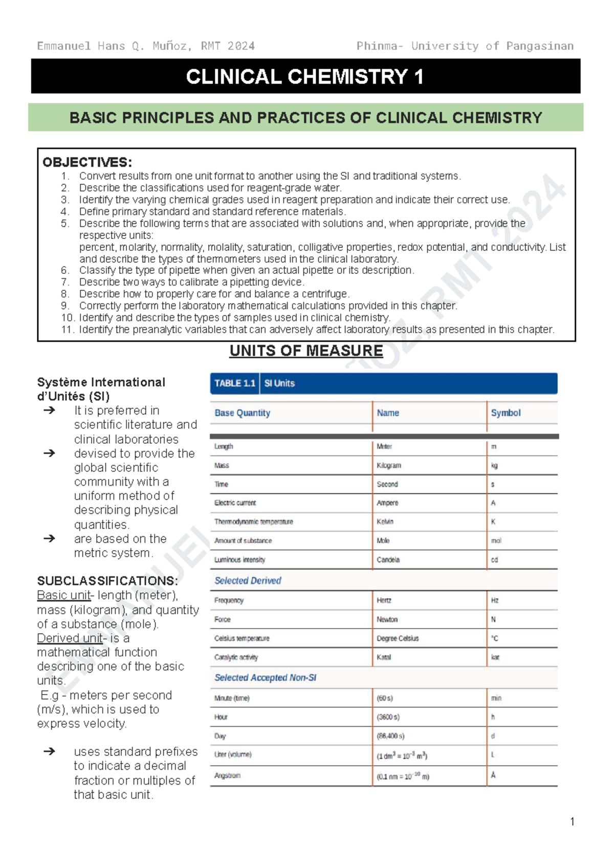 Clinical Chemistry 1 (RMT 2024) - Key Principles and Practices - Studocu
