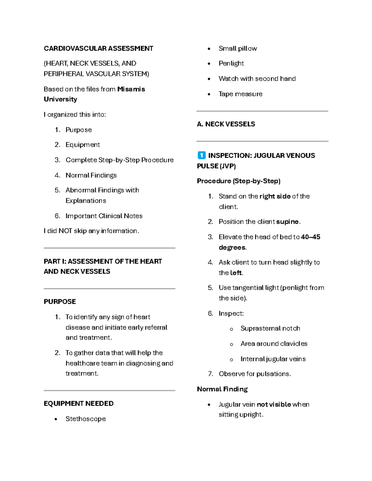 CARDIOVASCULAR ASSESSMENT (HEART, NECK VESSELS, PERIPHERAL VASCULAR ...