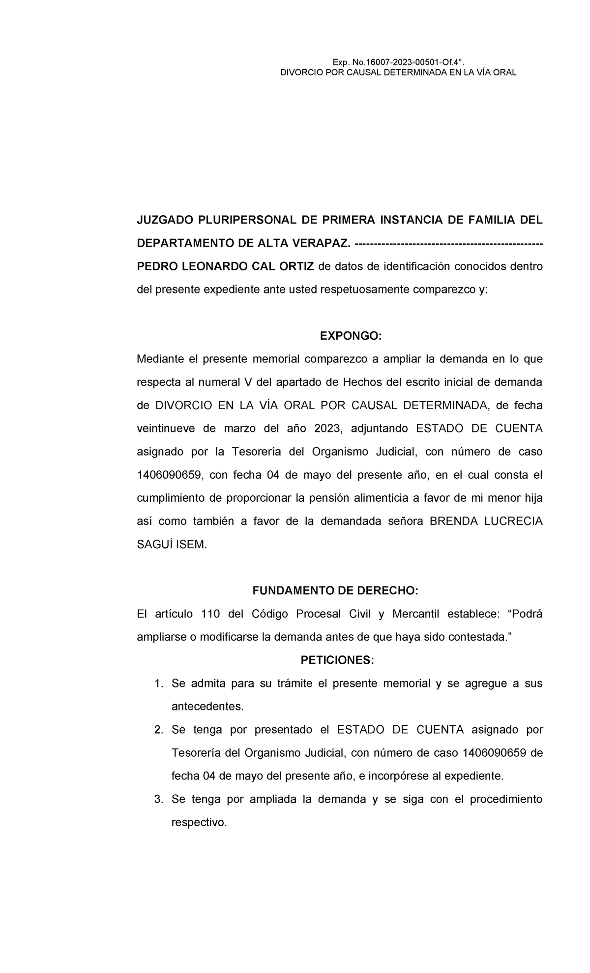 Ampliación de Demanda de Divorcio Oral 2023 - Caso No. 1406090659 - Studocu
