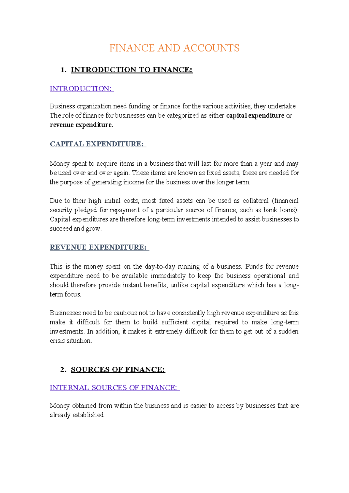 FINANCE AND ACCOUNTS 1: Introduction to Finance and Sources of Funding ...