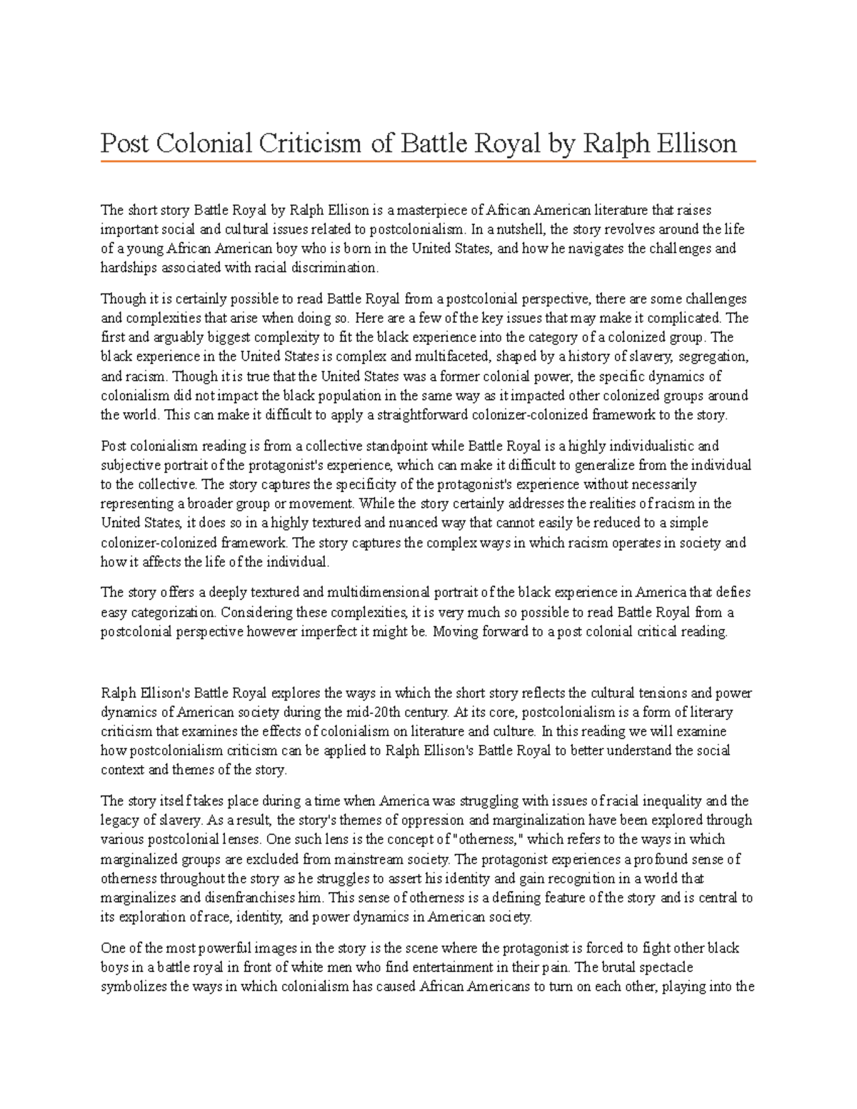 Postcolonial Analysis of Ralph Ellison's Battle Royal Essay - Studocu