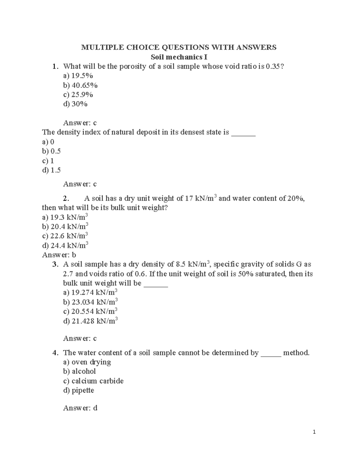 MCQ Final WITH Answers - MULTIPLE CHOICE QUESTIONS WITH ANSWERS Soil ...