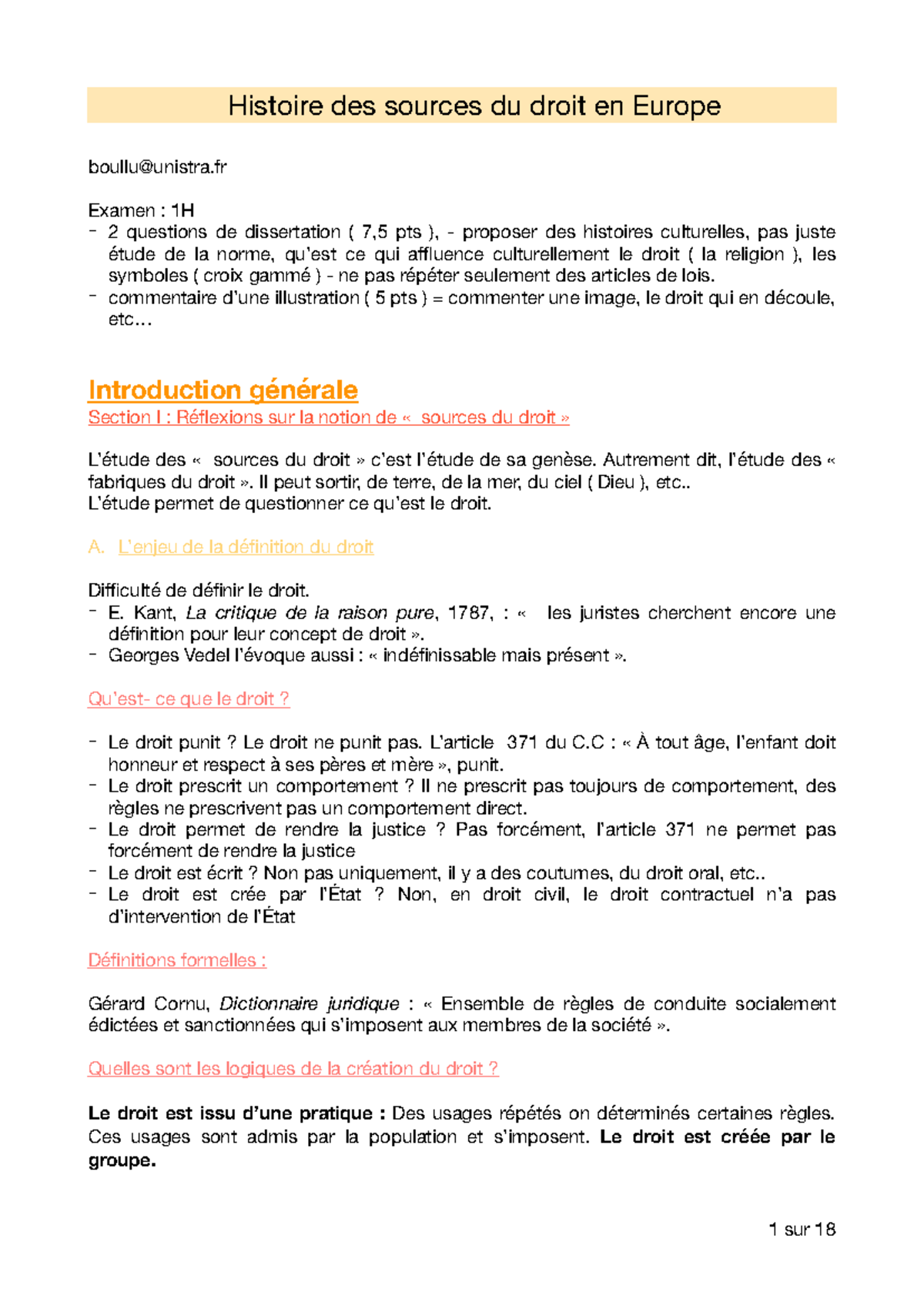 Histoire des Sources du Droit en Europe : Examen Final 1H - Studocu