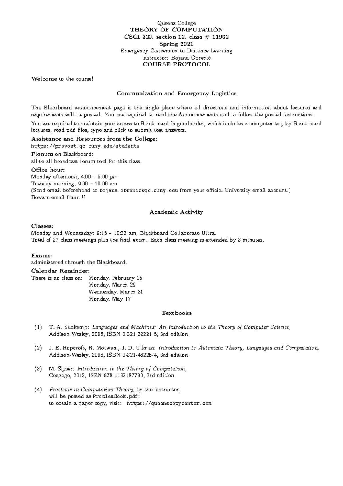 CS320 Theory of Computation Course Protocol - Spring 2021 - Studocu
