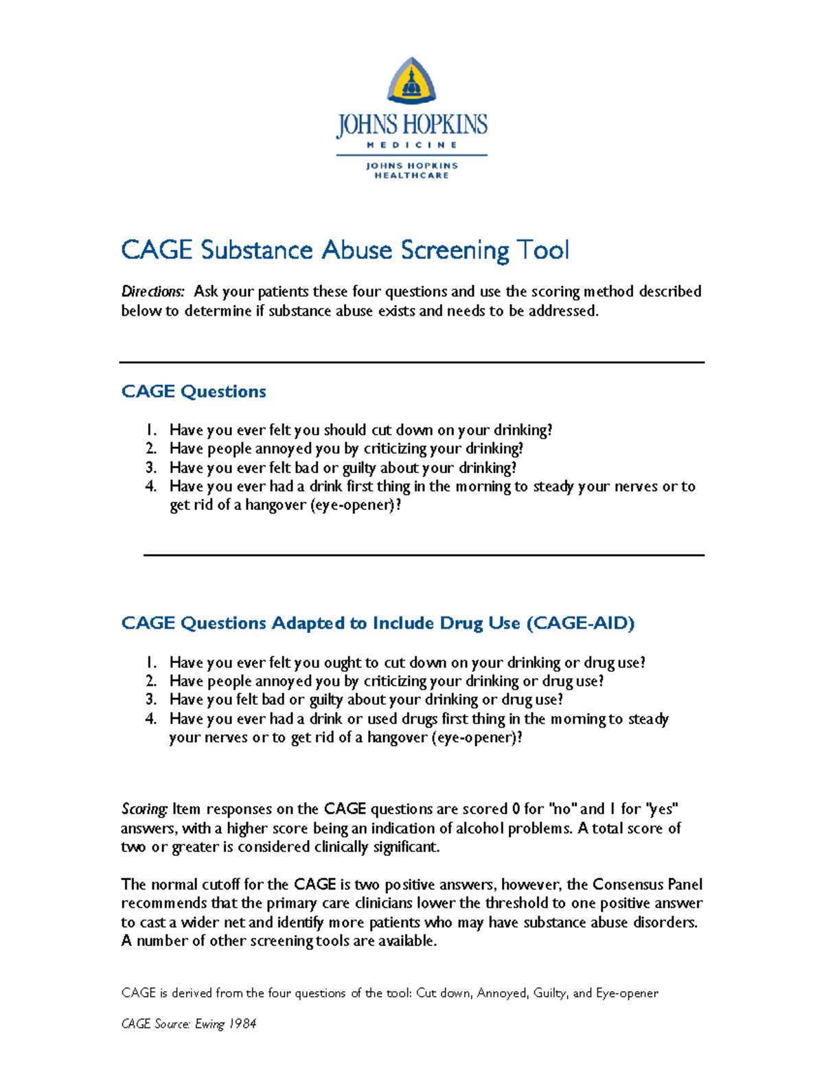 CAGE Substance Abuse Screening Tool: Guidelines & Scoring Method - Studocu