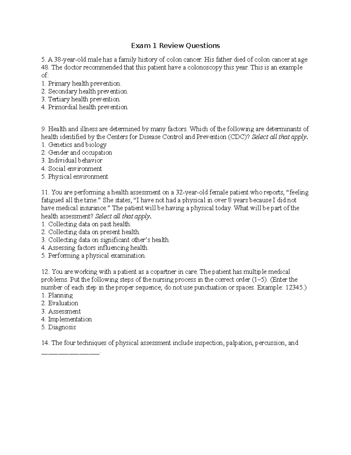 NUR 101 Exam 1 Review Questions and Health Assessment Insights - Studocu