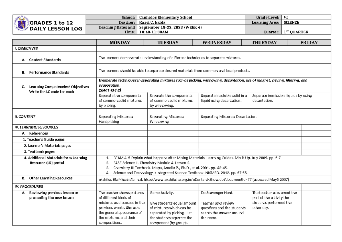 DLL Science 6 Q1 W4 - Separating Mixtures Daily Lesson Log - Studocu