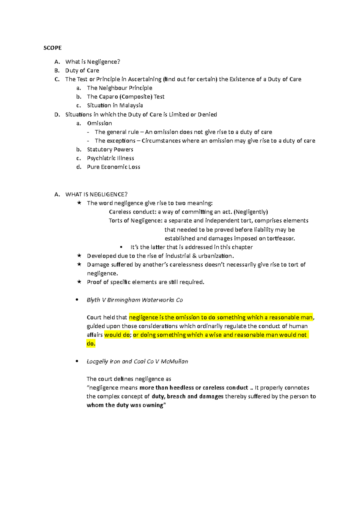 01 Duty of Care - Chapter Summary and Key Concepts in Negligence - Studocu