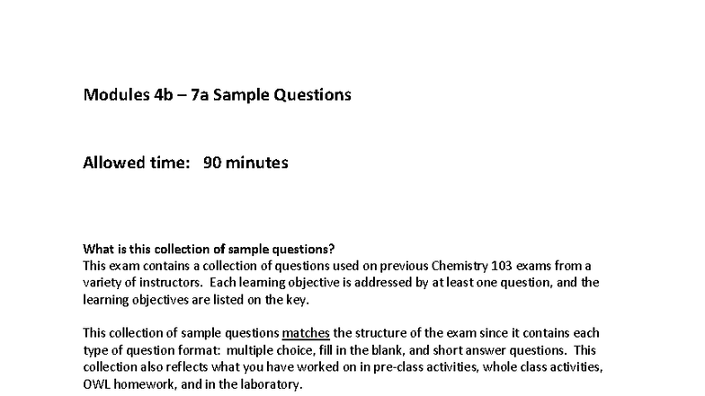 Chemistry 103 Exam 2 Sample Questions (Modules 4b-7a) - Studocu