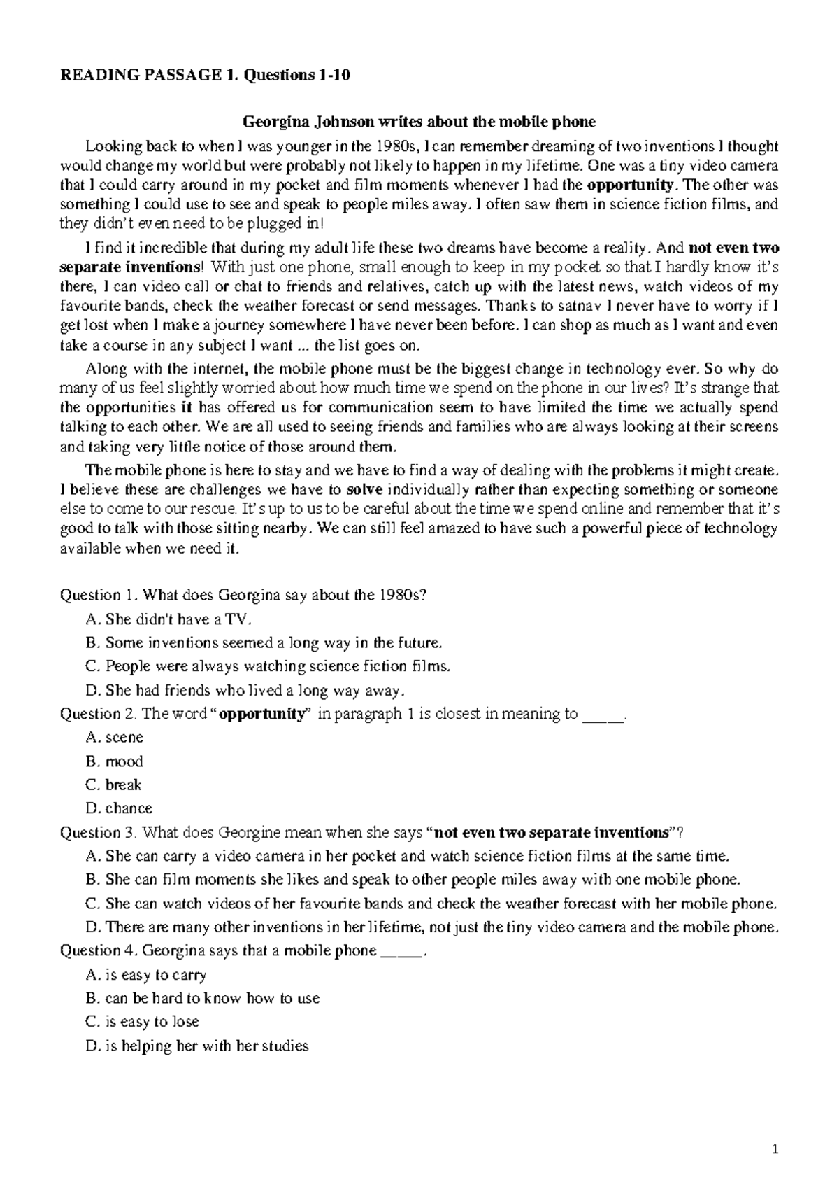 Reading Passage 1 & 2 Analysis and Questions for Study (ENG 101) - Studocu