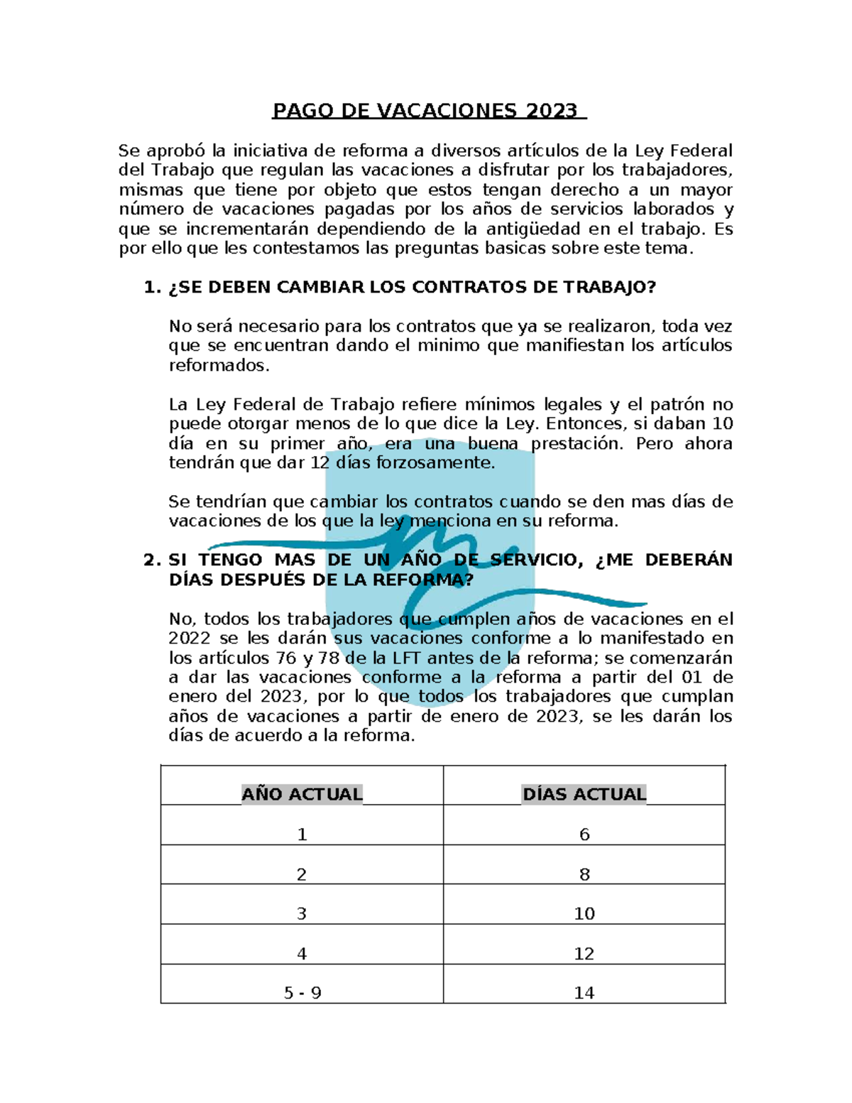 Reforma de Vacaciones 2023: Cambios en la Ley Federal del Trabajo - Studocu
