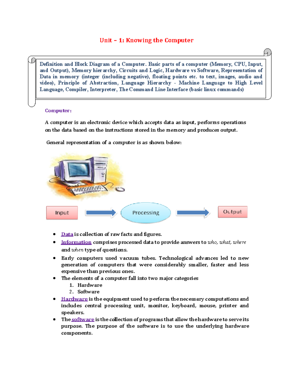 COMPUTATIONAL THINKING & PROGRAMMING UNIT-1: Intro to Computers & Logic ...