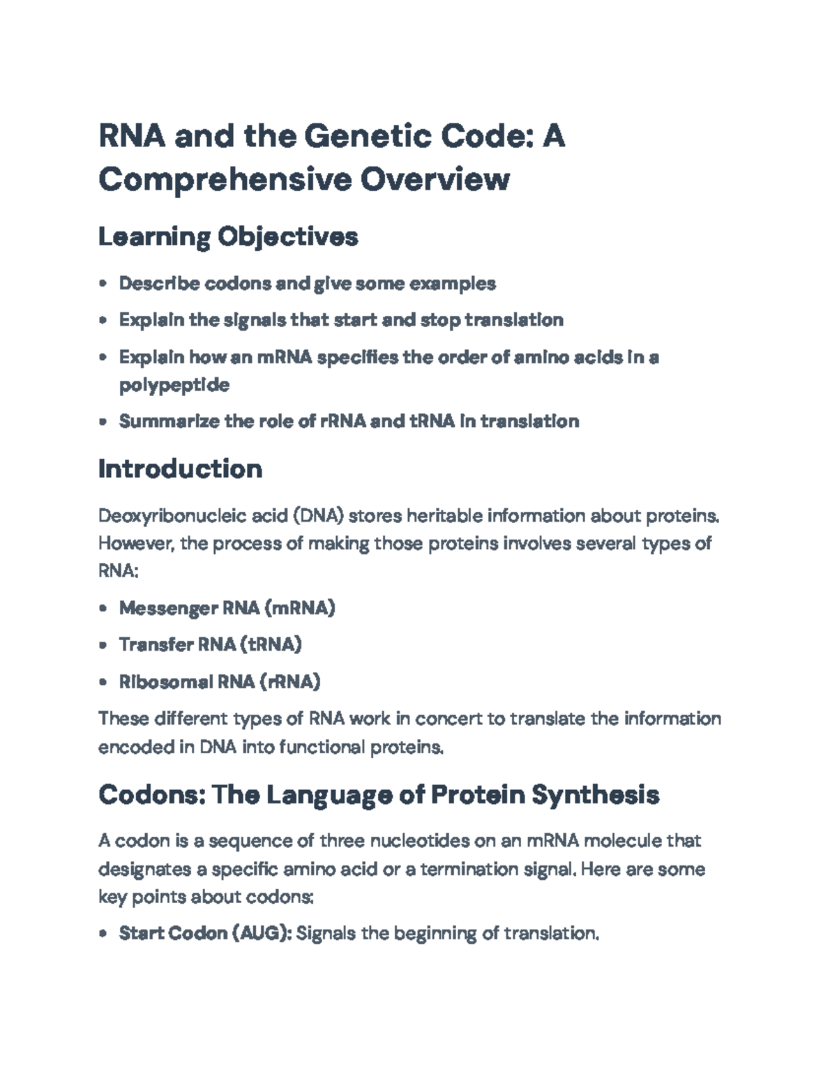 RNA and the Genetic Code: Overview of Translation Mechanisms (BIO101 ...
