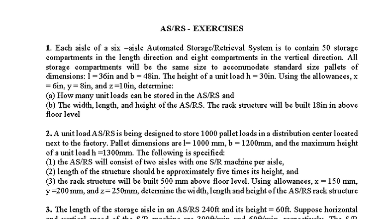 ASRS Exercises - Storage Compartment Calculations and Analysis - Studocu