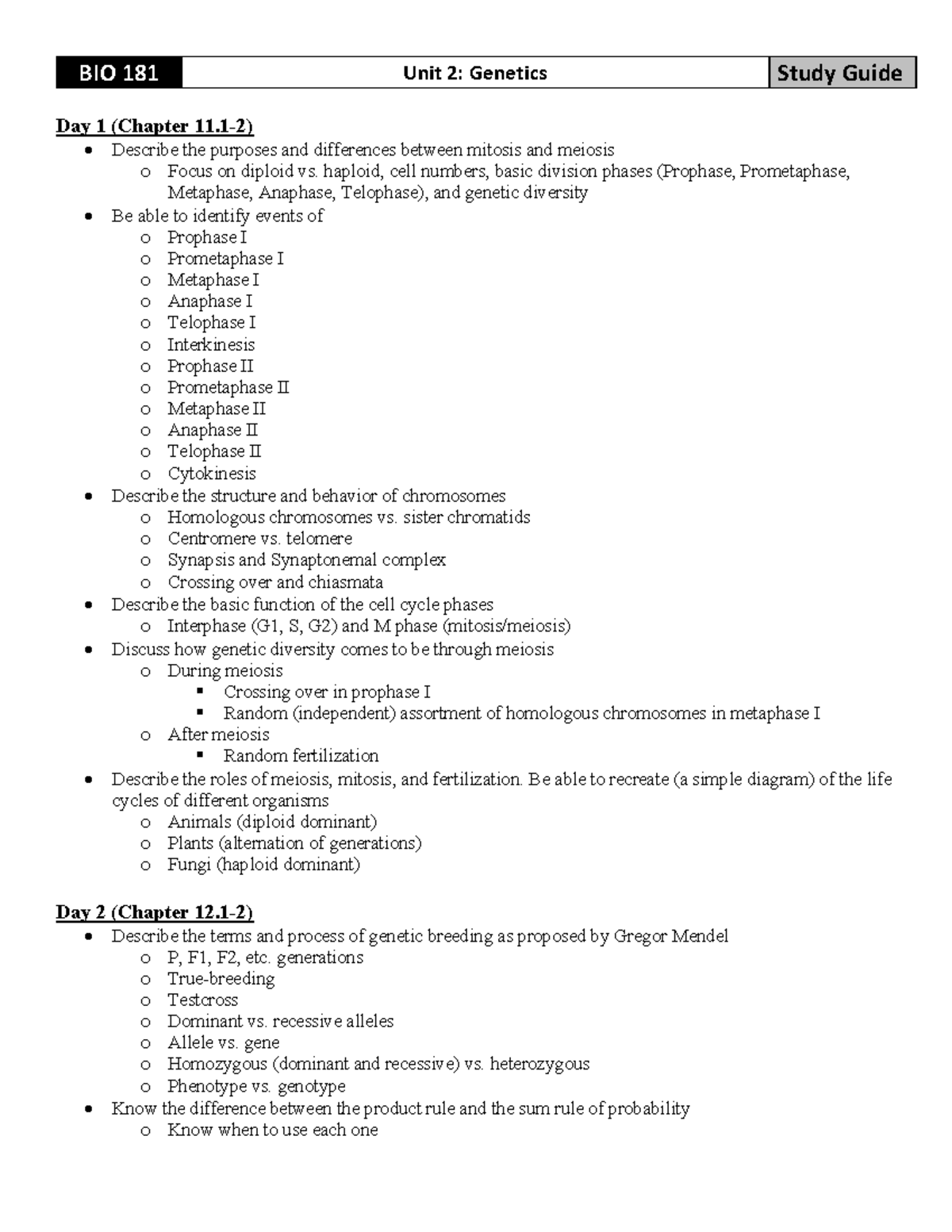 BIO 181 Unit 2: Genetics Study Guide - Key Concepts & Processes - Studocu