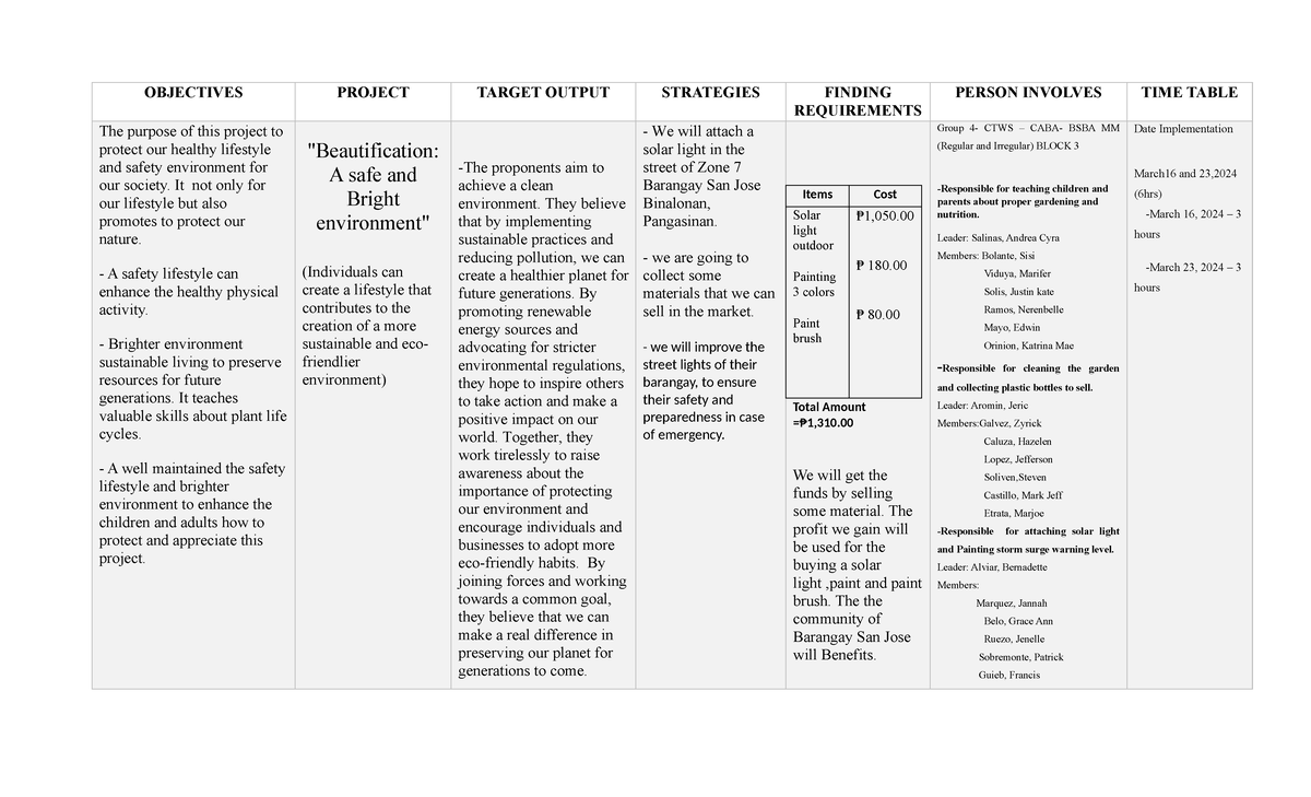 Action plan Beautification A safe and Bright environment - OBJECTIVES ...