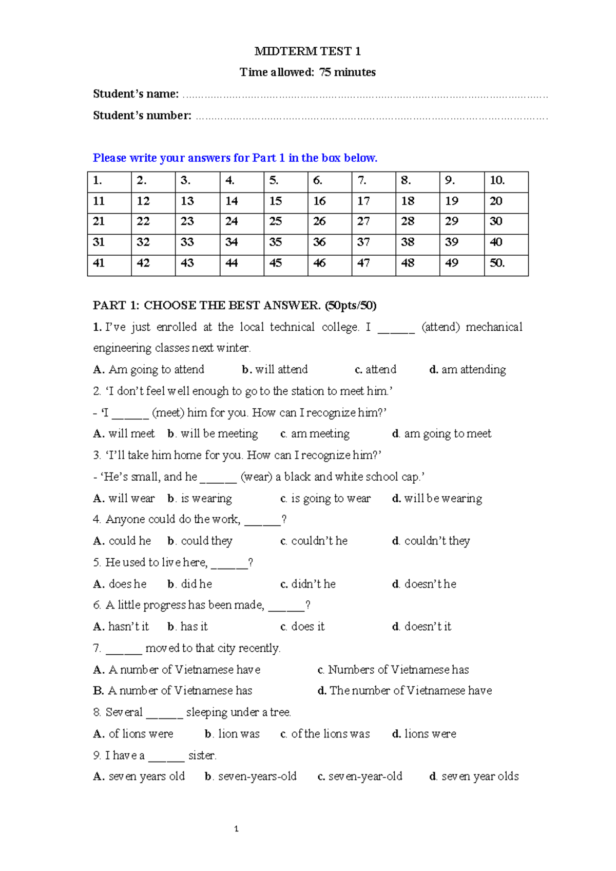 MIDTERM TEST 1: English Language Proficiency Questions - Studocu