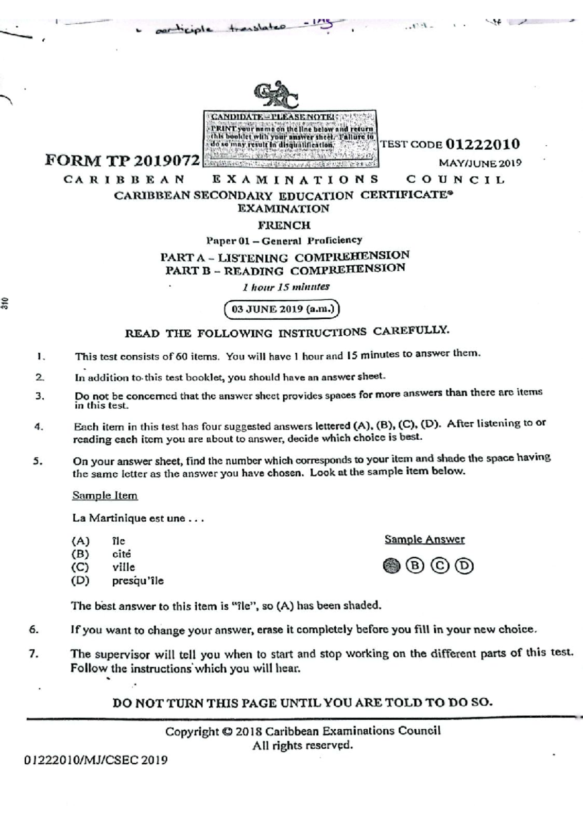 CSEC 2019 Paper 1 - French Listening & Reading Comprehension Test - Studocu