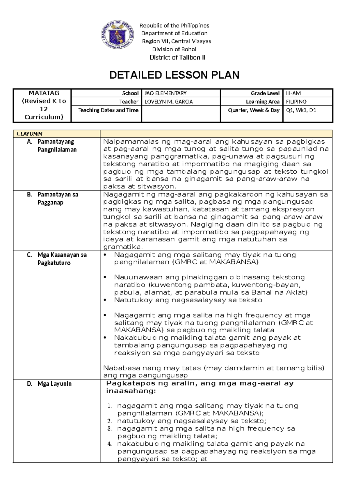 DLP Filipino 3 Q1-Wk3-D1: Detailed Lesson Plan on Narrative Texts - Studocu