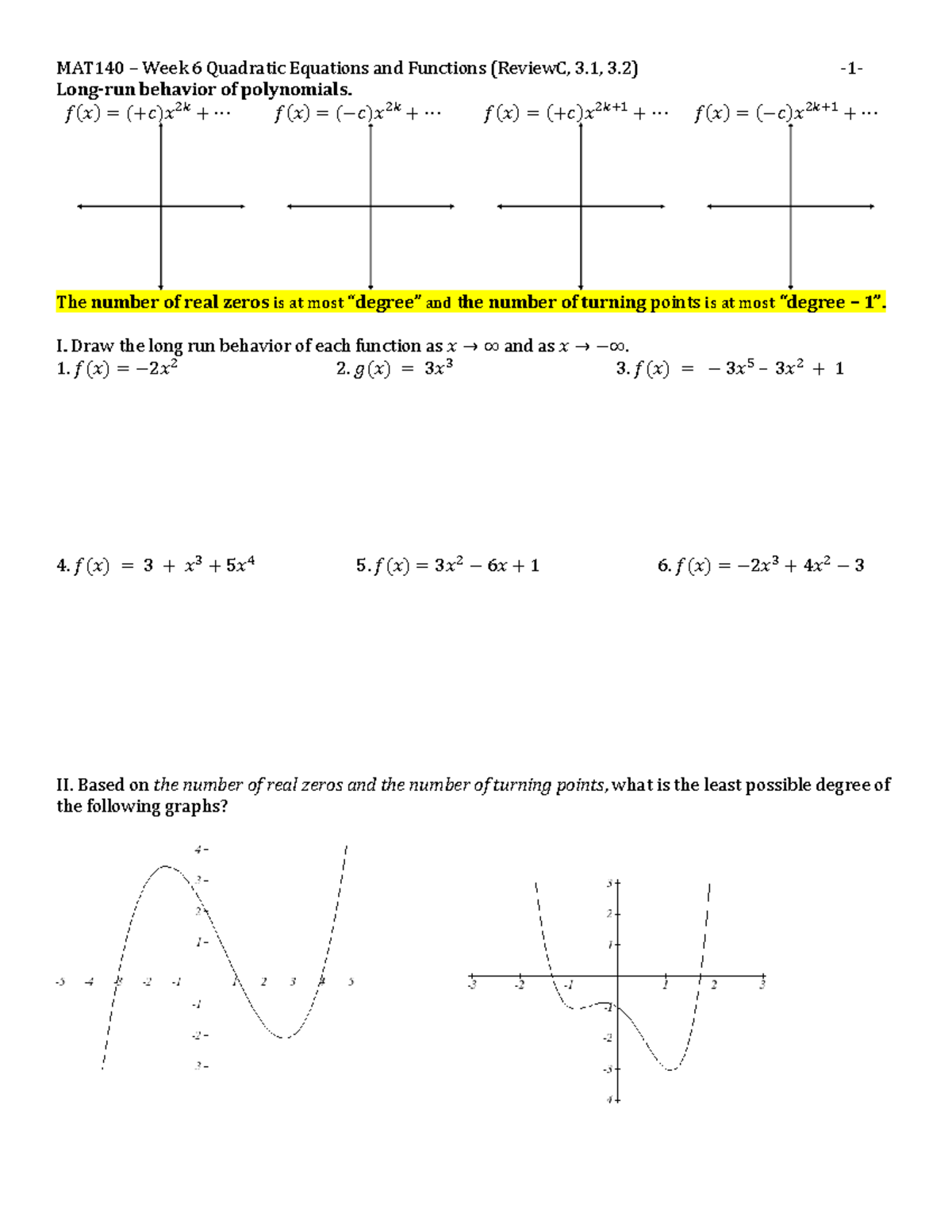 MAT140 – Week 6 Review on Quadratic Equations & Functions (3.1, 3.2 ...