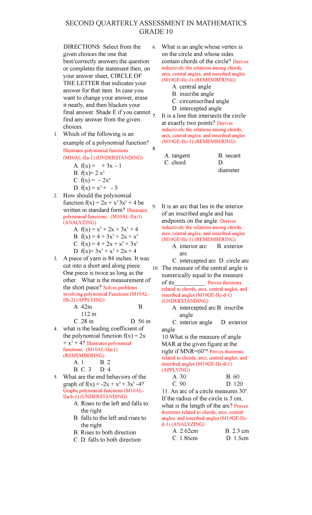 Grade 10 Math Second Quarter Pre-Test (M10) - Studocu