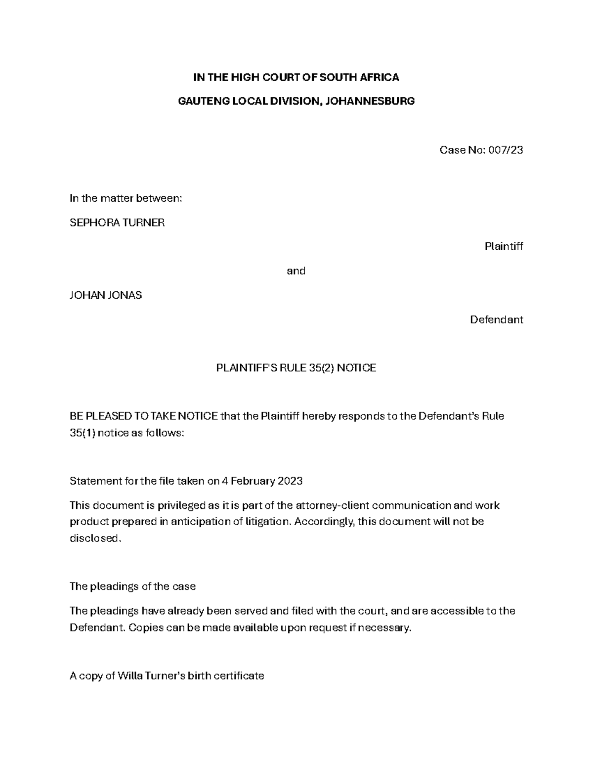 Practical 10 Civil Procedure: Rule 35(2) Notice & Case Pleadings - Studocu
