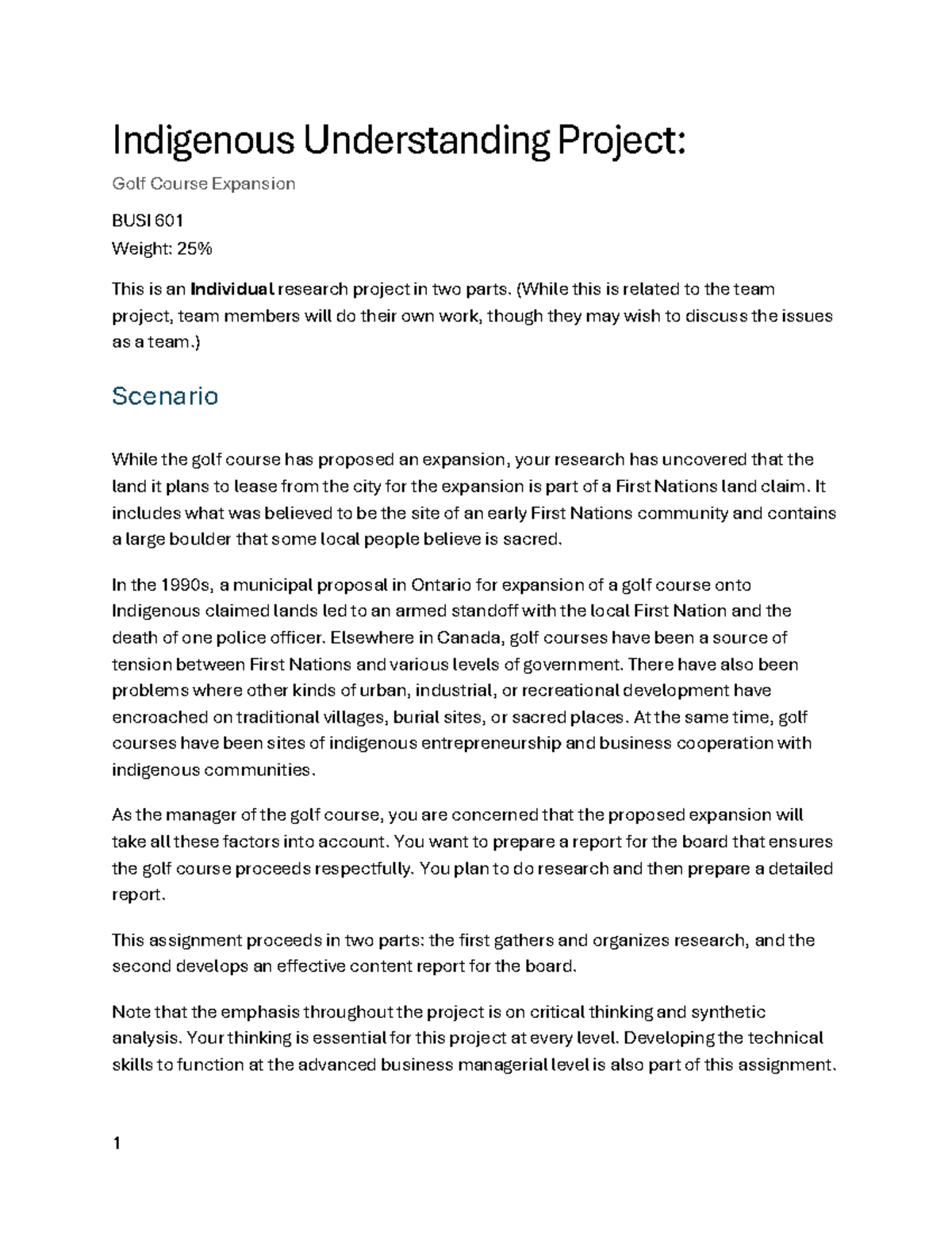 Indigenous Understanding Project: Golf Course Expansion Report BUSI 601 ...