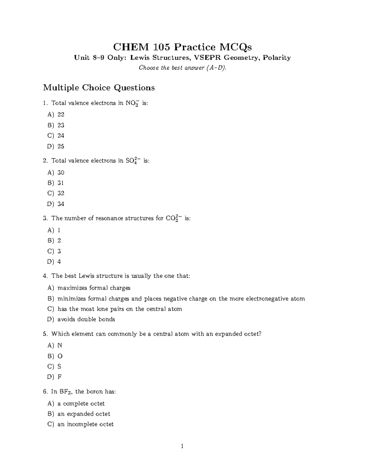 CHEM 105 Practice MCQs: Lewis Structures & Polarity - Studocu