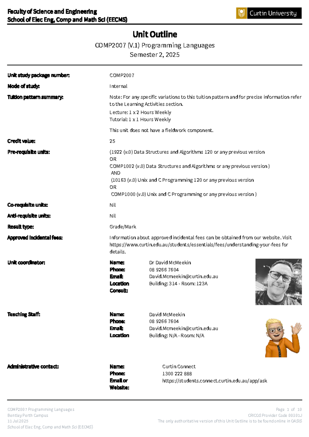 COMP2007 Unit Outline: Programming Languages - Semester 2, 2025 - Studocu