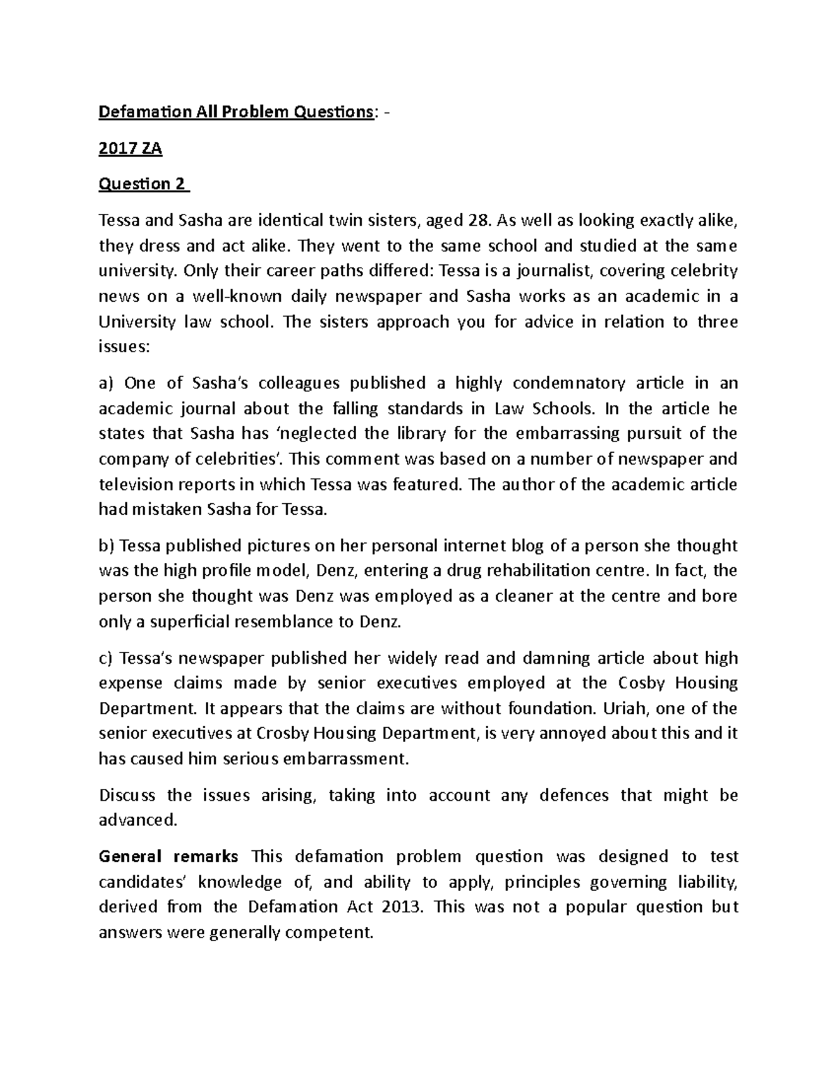 Defamation Law Problem Questions - Past Years Analysis & Insights - Studocu