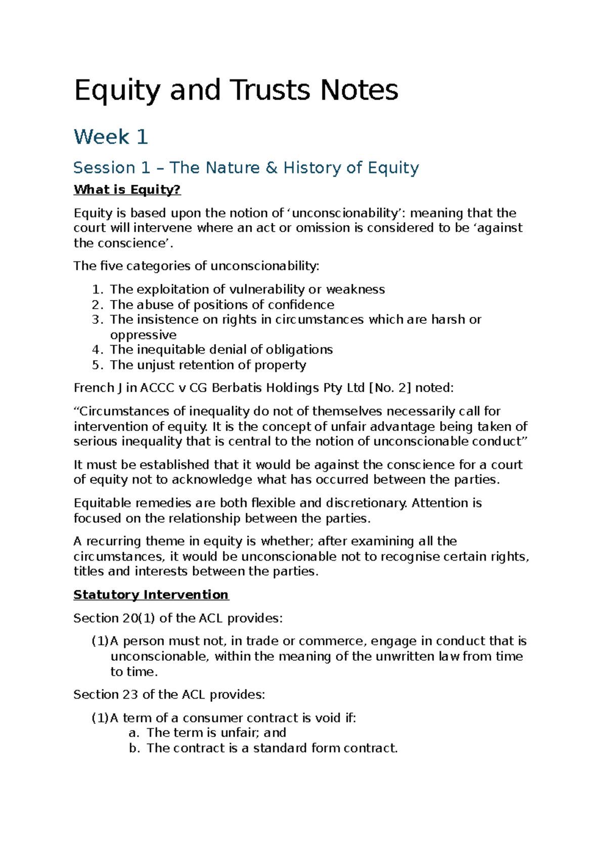 Equity and Trusts Notes (Week 1): Nature and History of Equity - Studocu