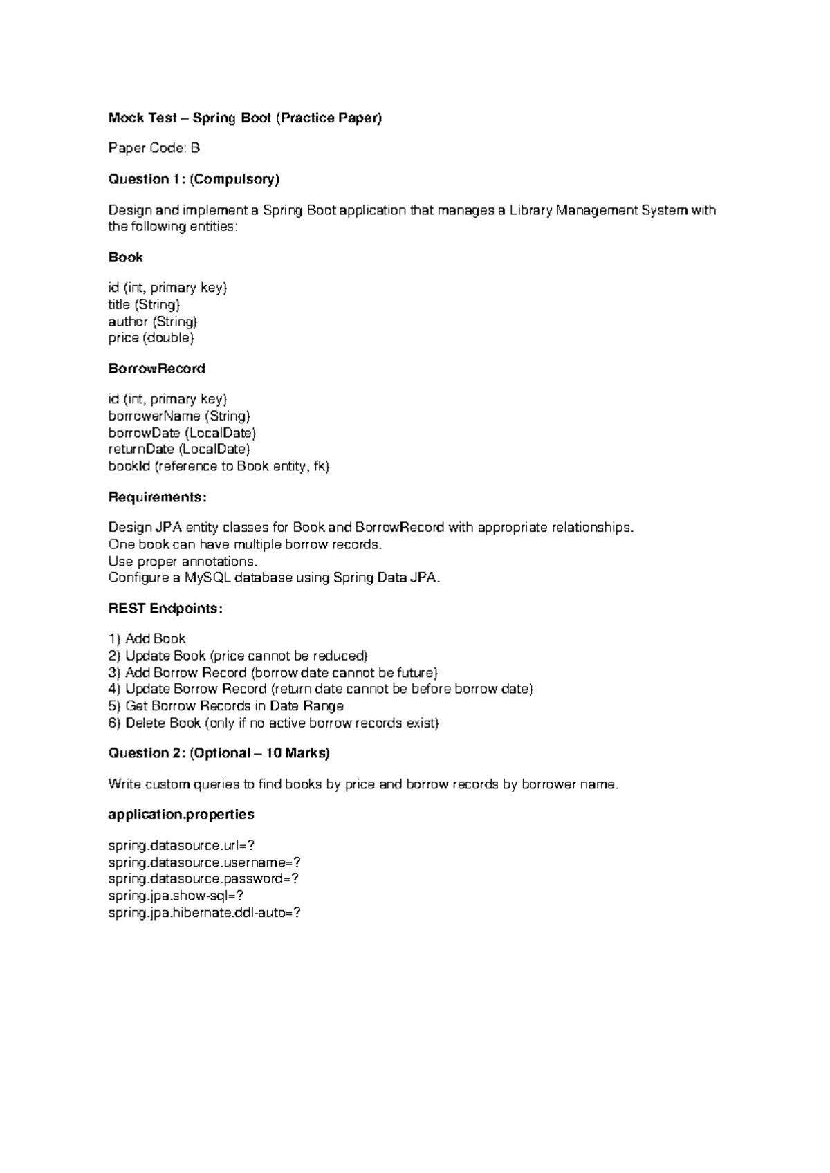 Spring Boot Mock Test (Practice Paper) - Code: B - Studocu