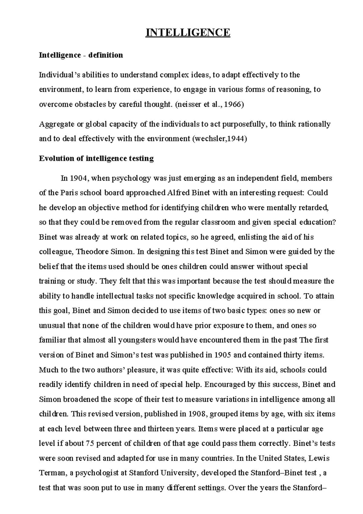 INT 101: Comprehensive Notes on Intelligence Theories and Testing - Studocu