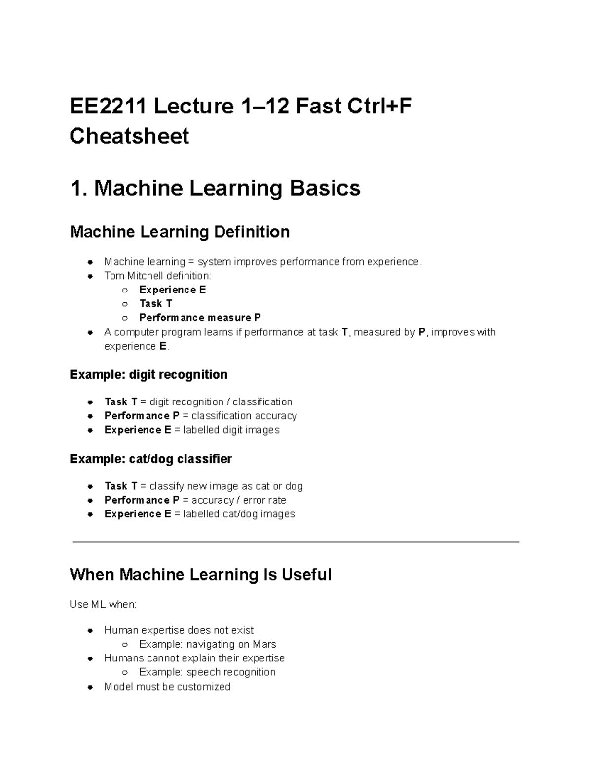 EE2211 Lecture 1-12 Fast Cheatsheet on Machine Learning Concepts - Studocu
