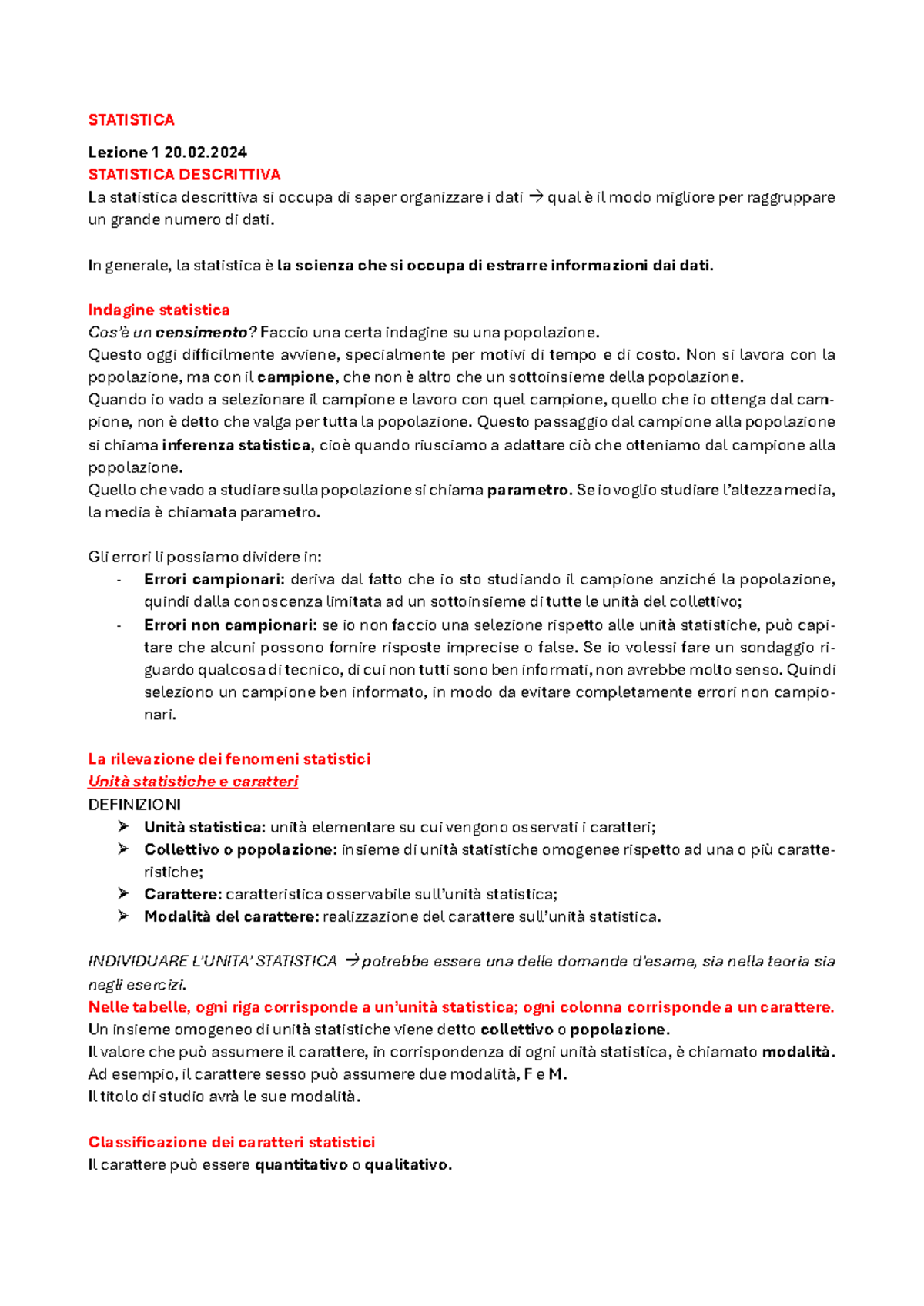 STATISTICA Lezione 1: Introduzione alla Statistica Descrittiva e ...