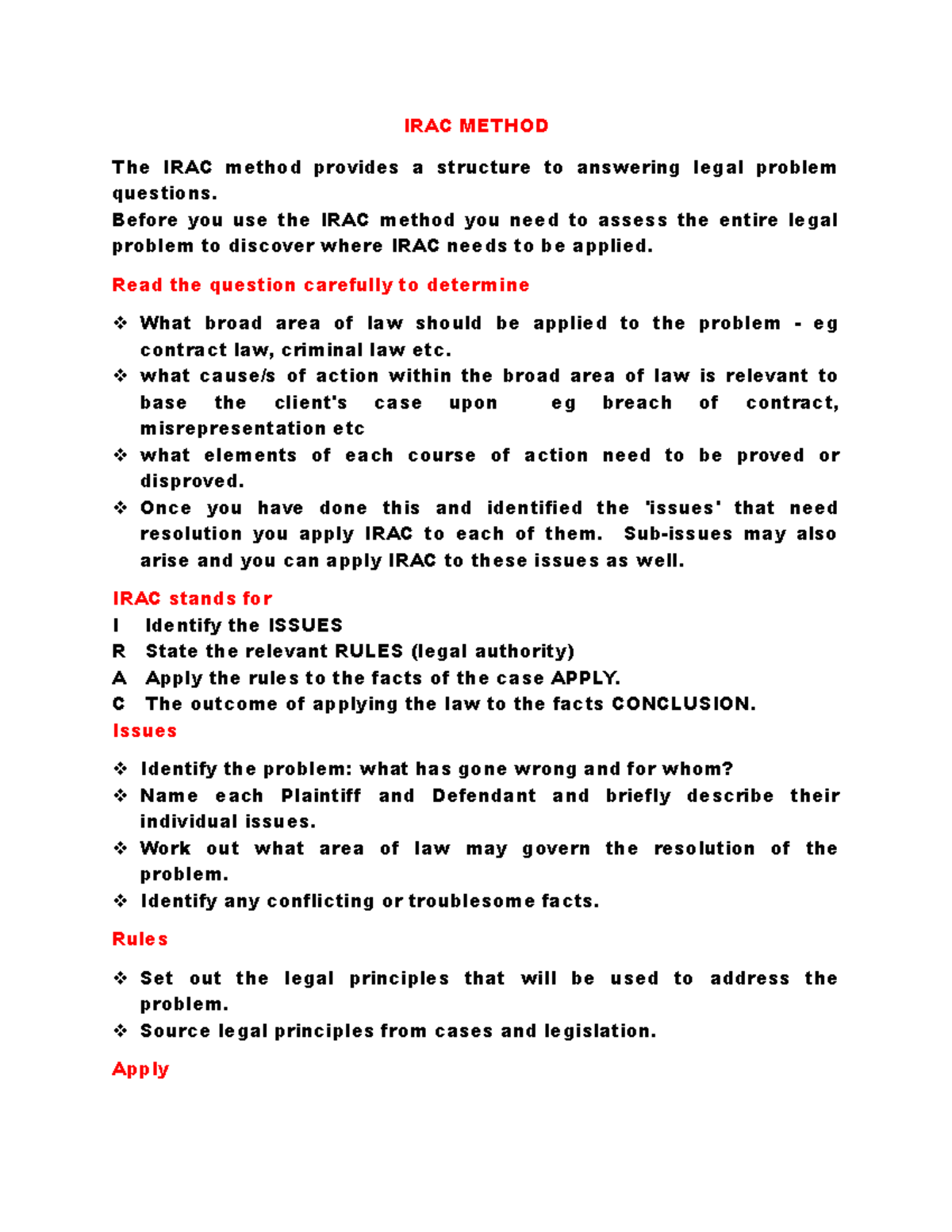 IRAC Method Guide for Legal Problem-Solving Strategies - Studocu