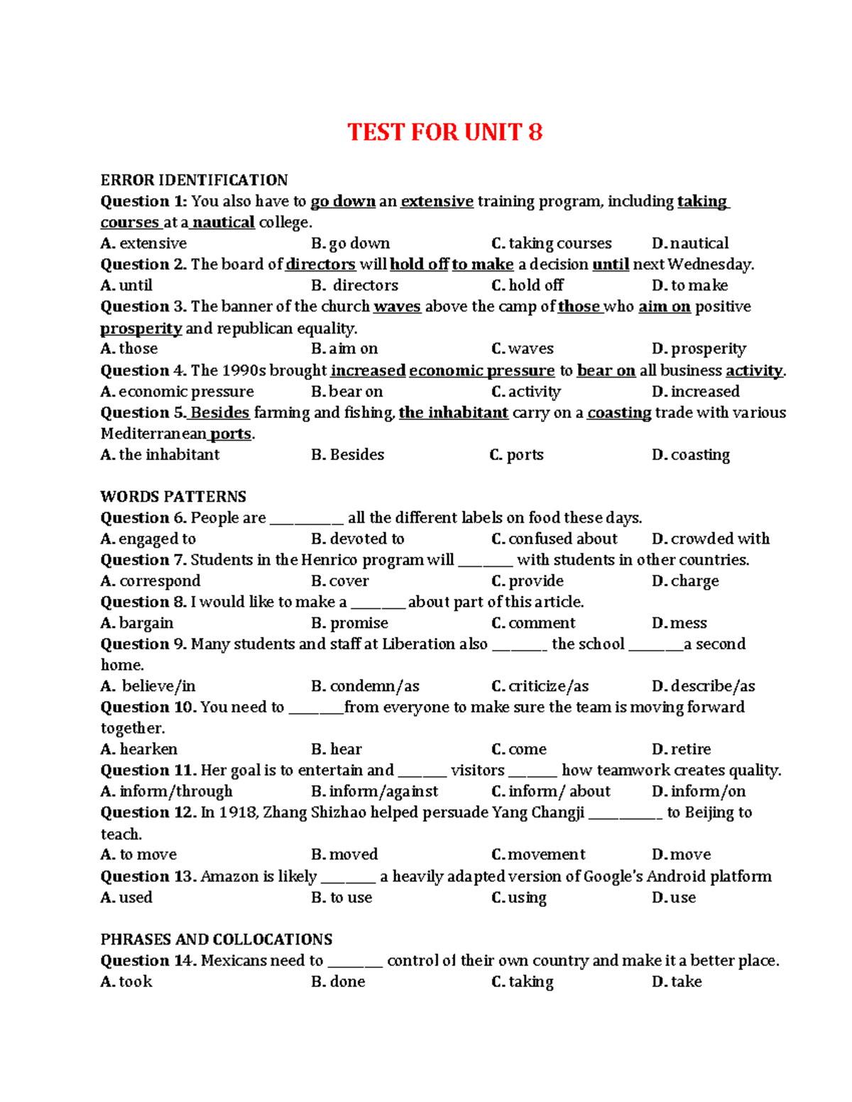TEST FOR UNIT 8 - ERROR IDENTIFICATION & KEY - Studocu