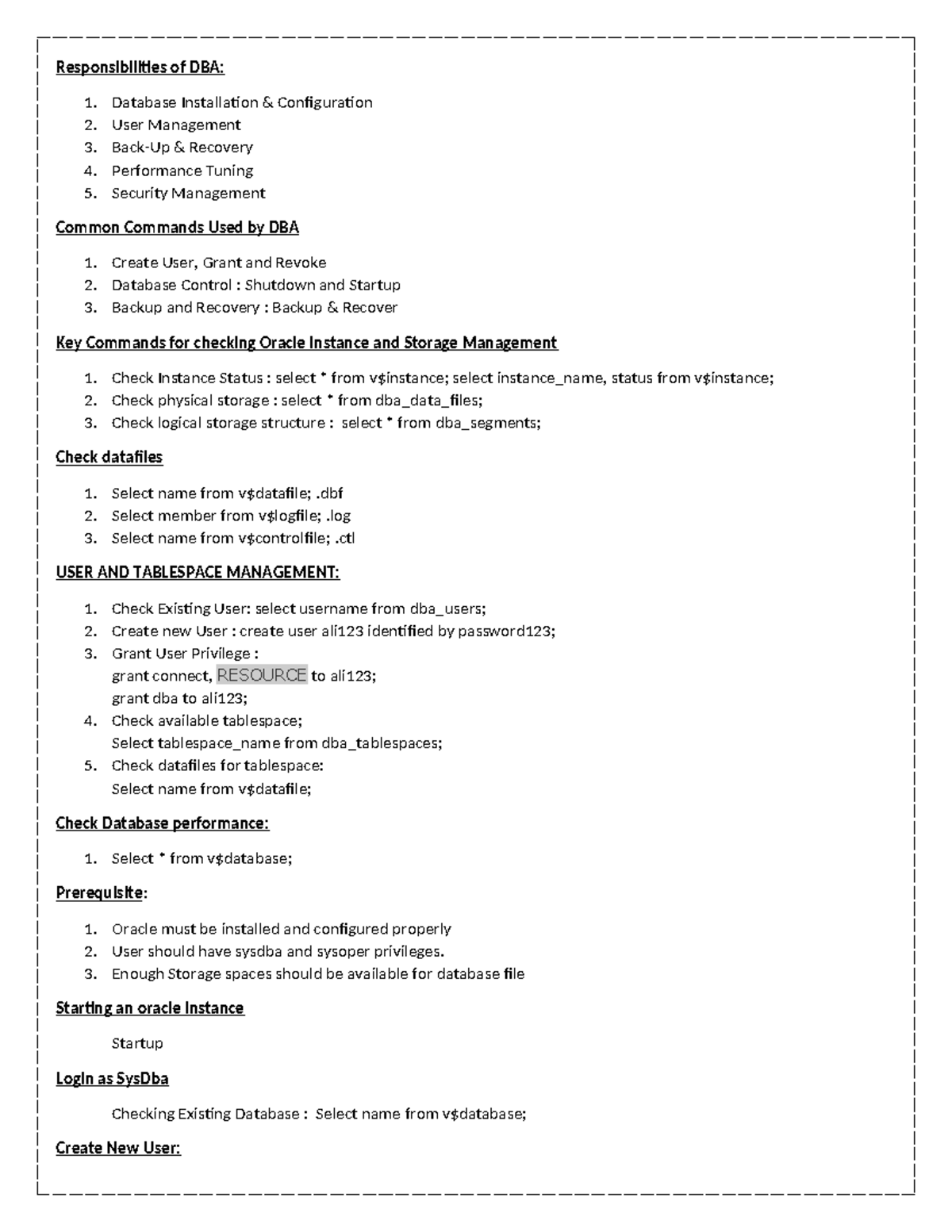 DBA 1: Responsibilities and Commands for Database Management - Studocu