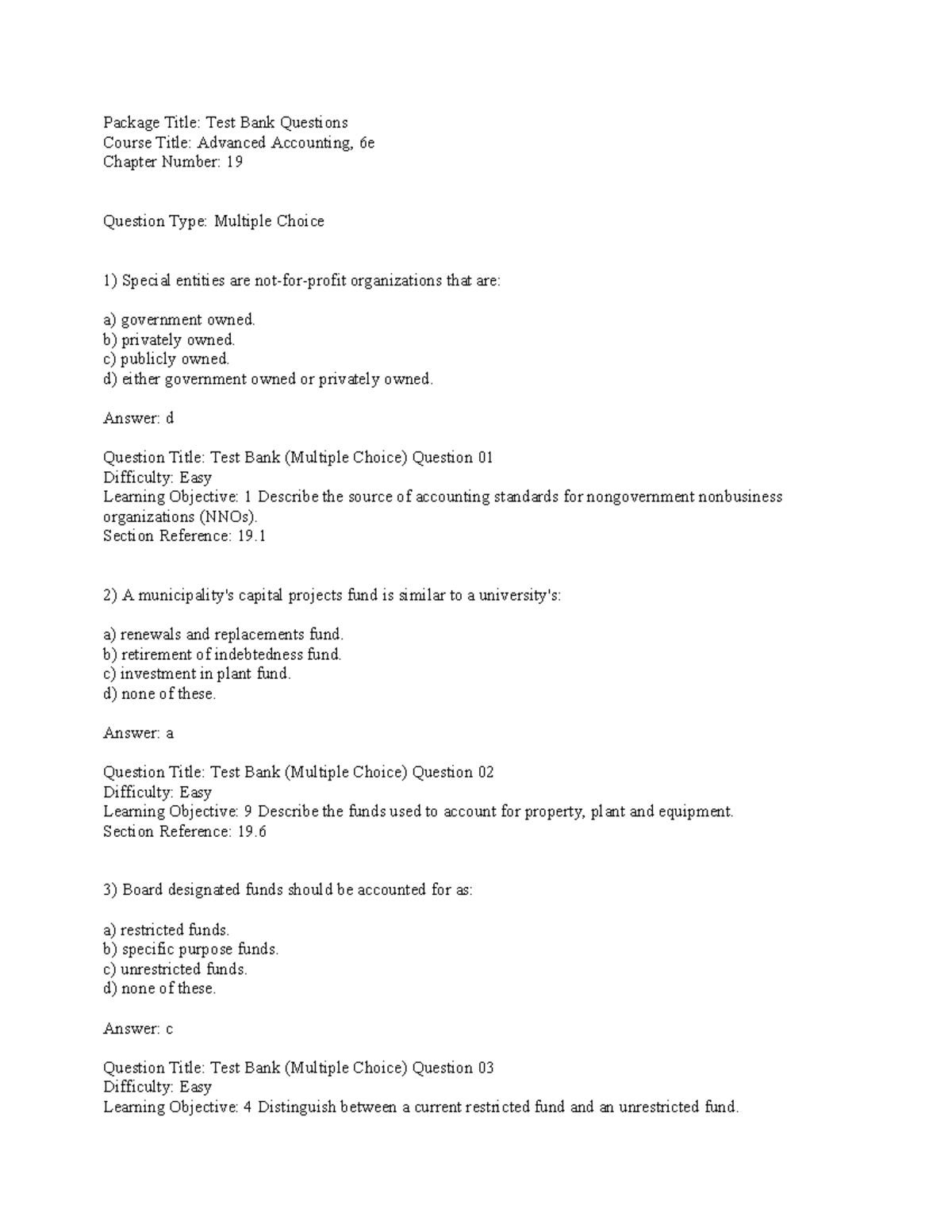 Advanced Accounting 6e: Test Bank for Nonprofit Org - Chapter 19 - Document Preview