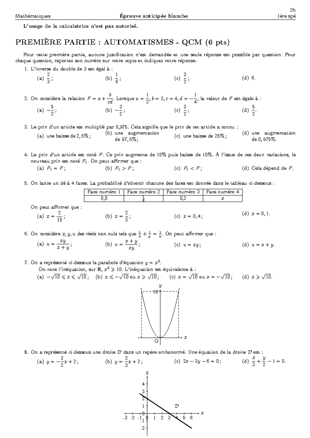 Bac Blanc Spécial Mathématiques 1 Épreuve Anticipée sans Calculatrice — free download