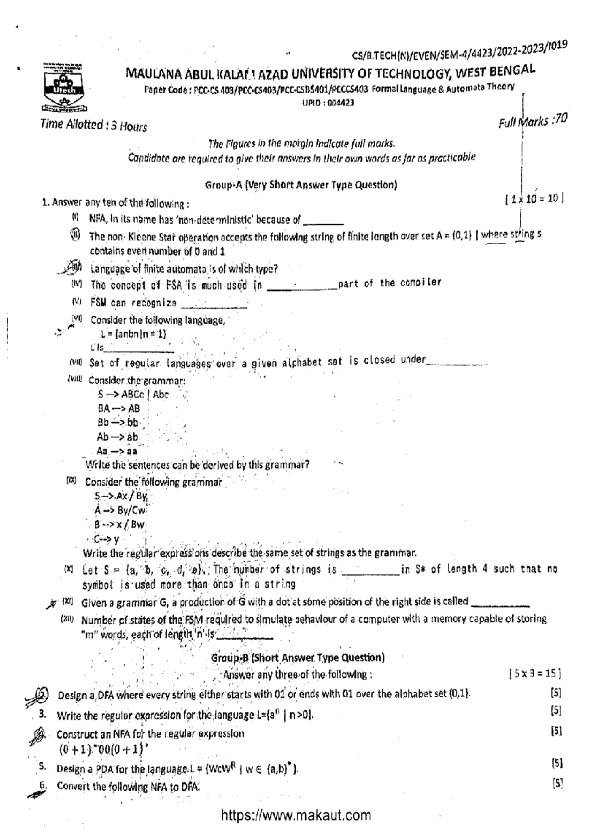 Formal Language and Automata Theory - PCC CSE 403 - 4th Sem 2023 - Studocu