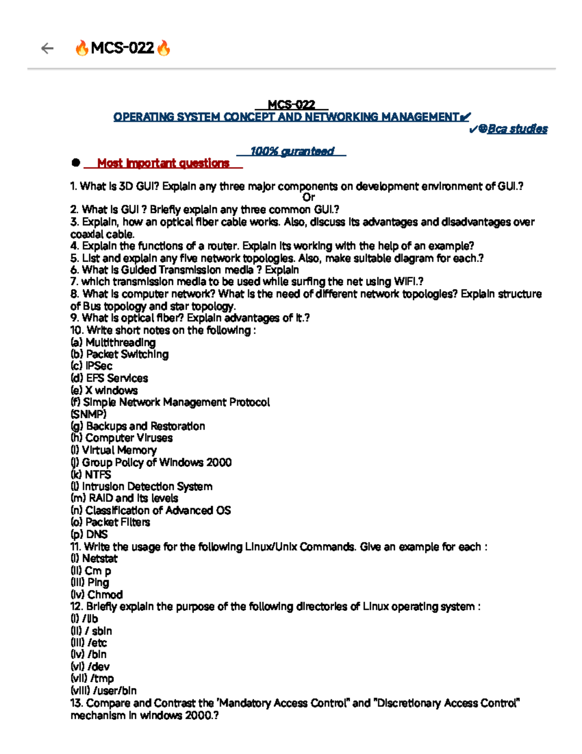 🔥MCS-022🔥 - Key Questions on Operating Systems & Networking Management ...